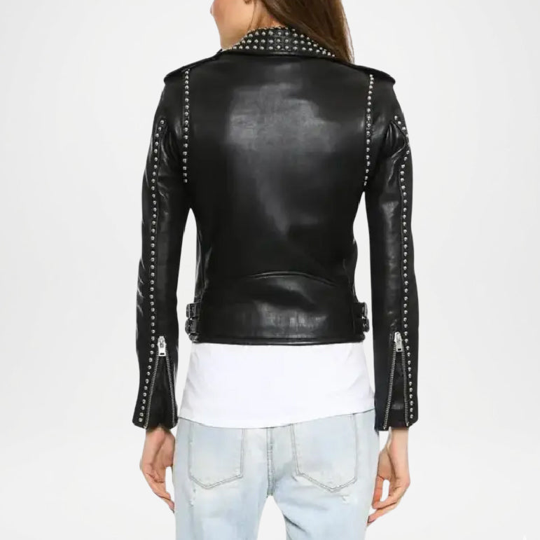 Black leather biker jacket with studs on a white background back view