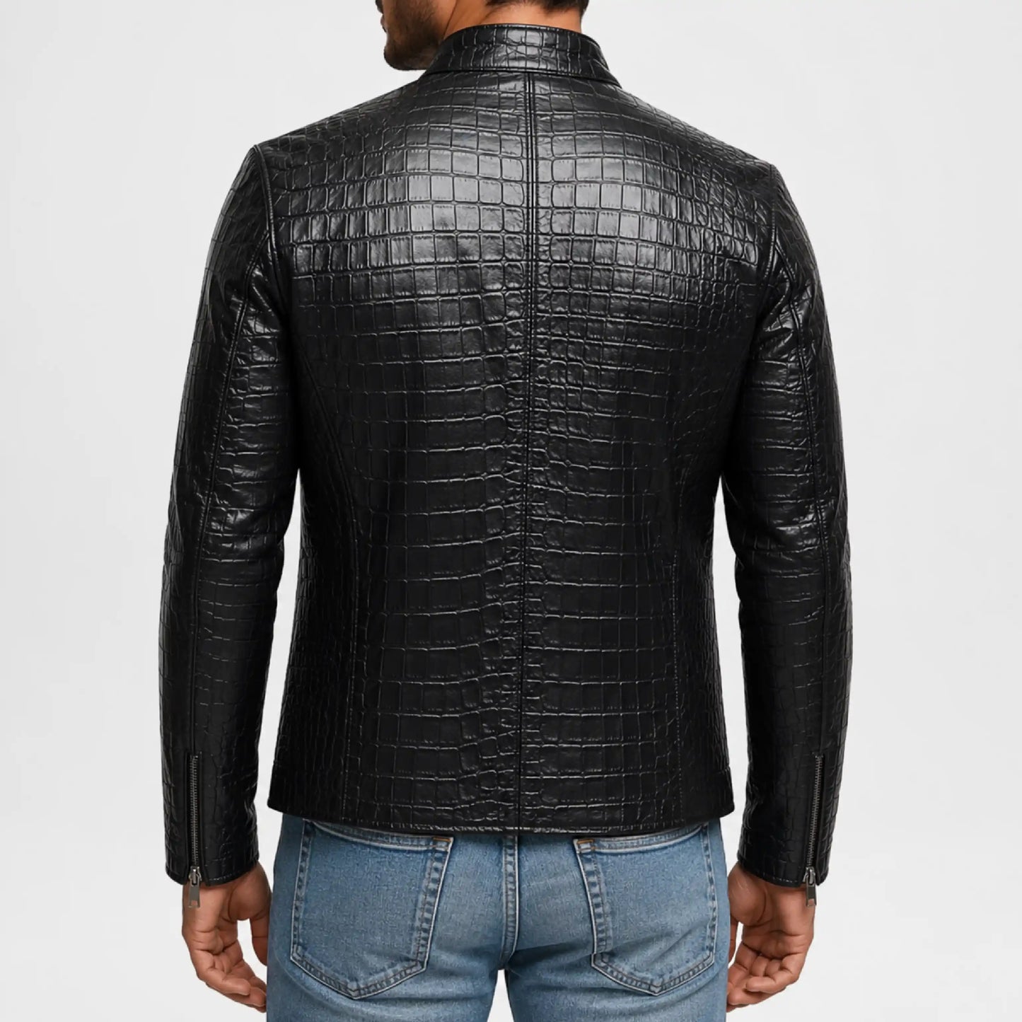 Men's Crocodile Leather Jacket – Black Embossed Biker Jacket
