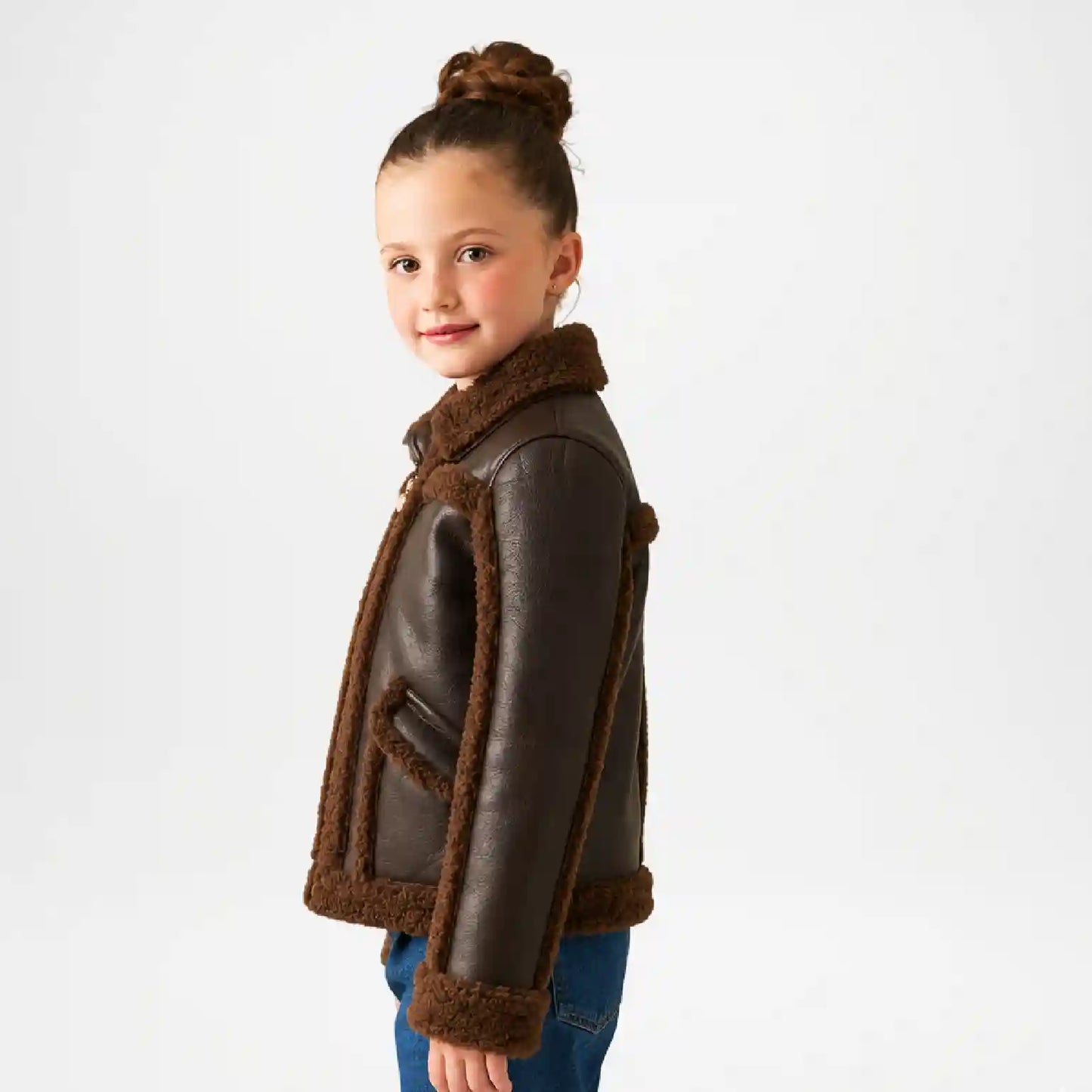 Girls Shearling Jacket | Brown Winter Leather Jacket