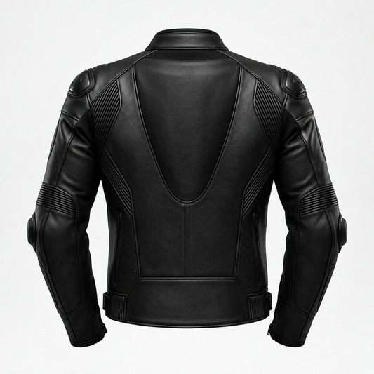 Black leather motorcycle jacket shown from the back, featuring integrated protective armor plates on the shoulders and elbows, and textured paneling on the back, set against a plain white background.