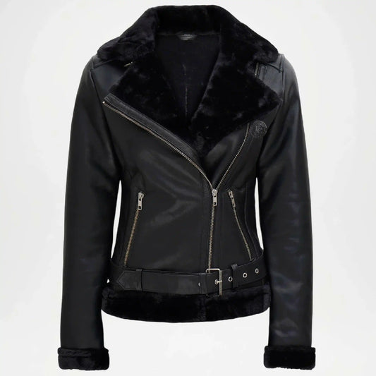 Black Asymmetrical Shearling Leather Jacket for Women