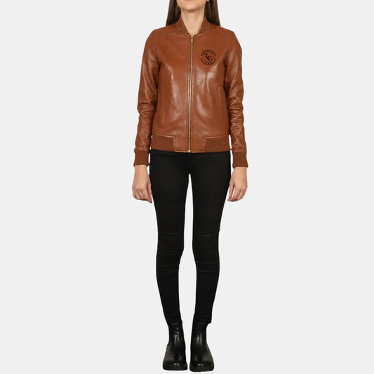 Brown Bomber Leather Jacket for Women