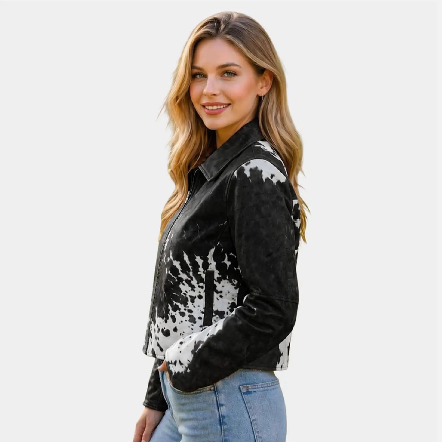 cow print jacket black and white