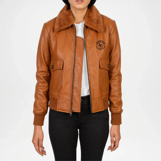 Brown leather jacket with fur collar background