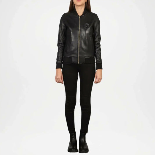 Black Bomber Leather Jacket for Women