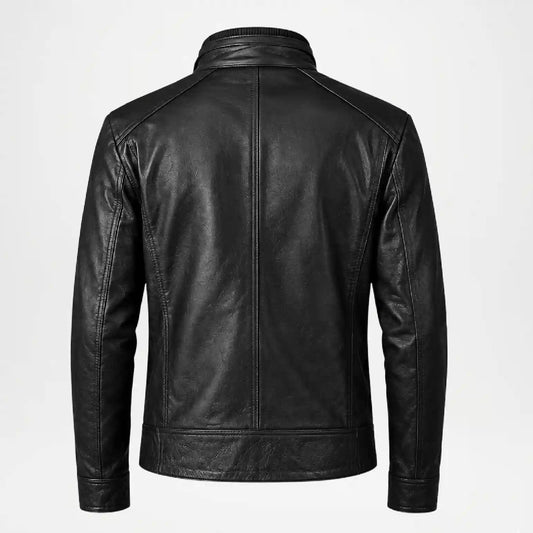 A black leather jacket shown from the back, featuring a high collar, long sleeves, and a straight silhouette on a light gray background.