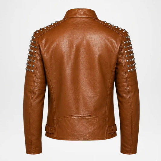 Brown Studded Biker Leather Jacket for Men back view