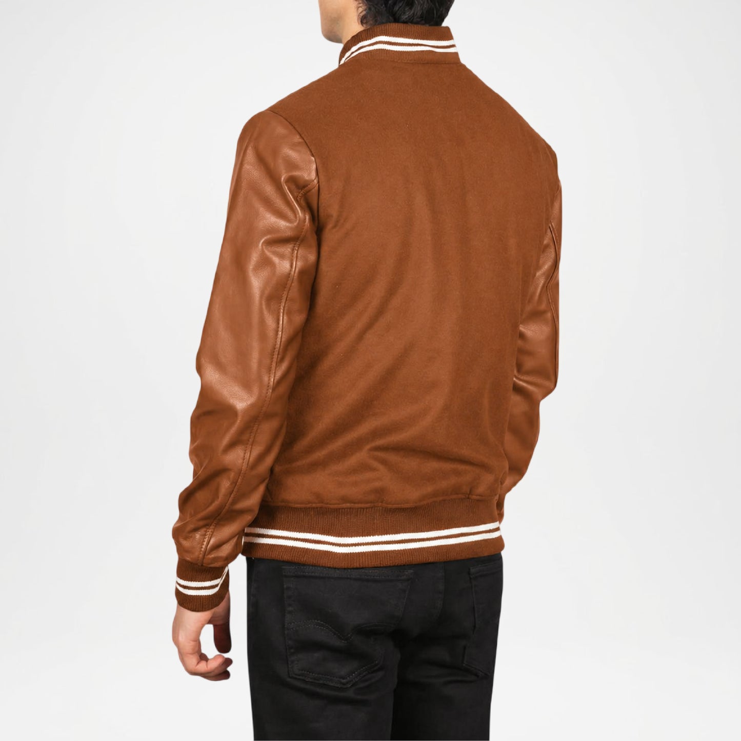 Brown Varsity Jacket with Leather Sleeves for Men