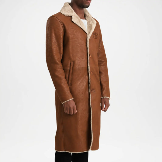 Brown Shearling Leather Trench Coat for Men