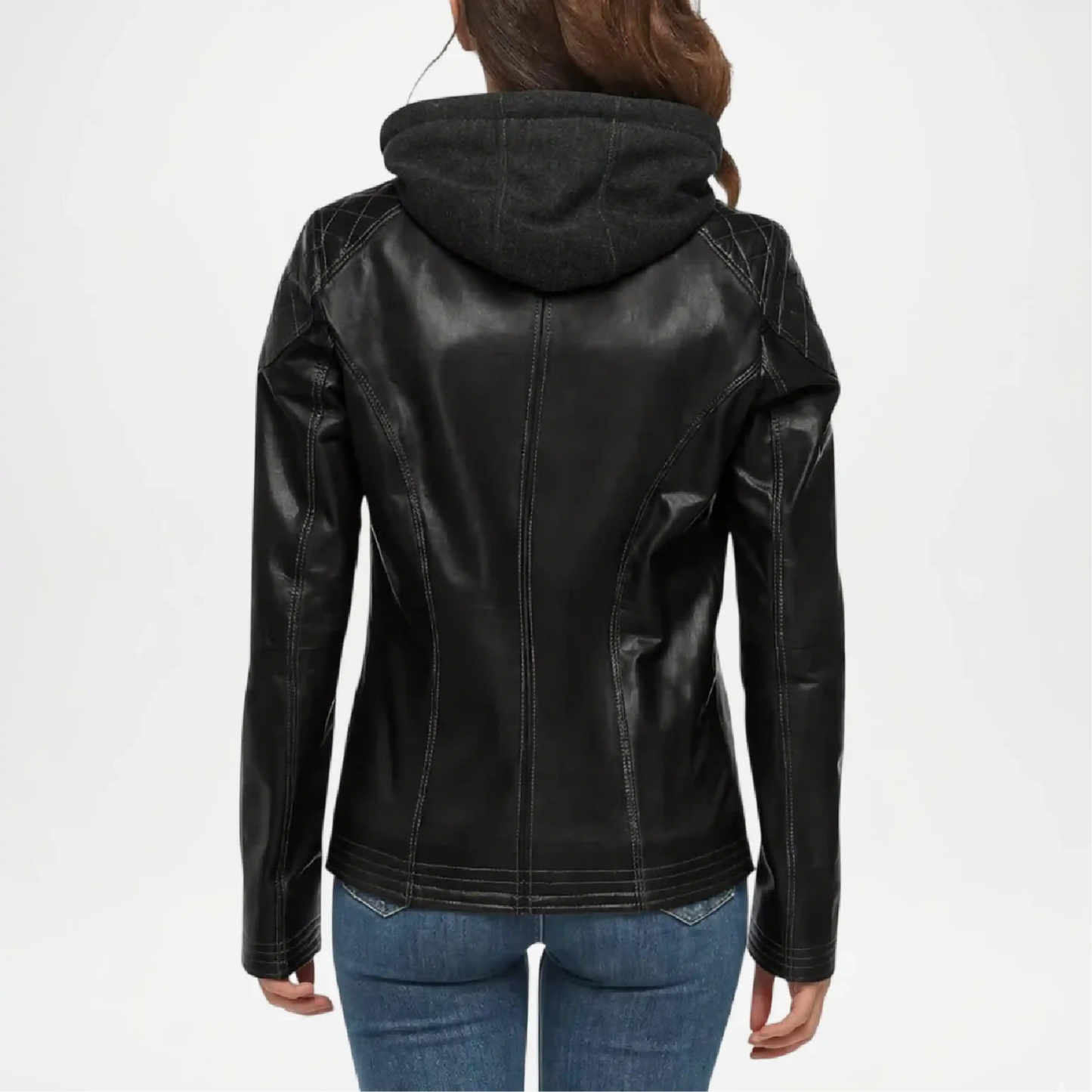 womens black moto leather jacket with hood