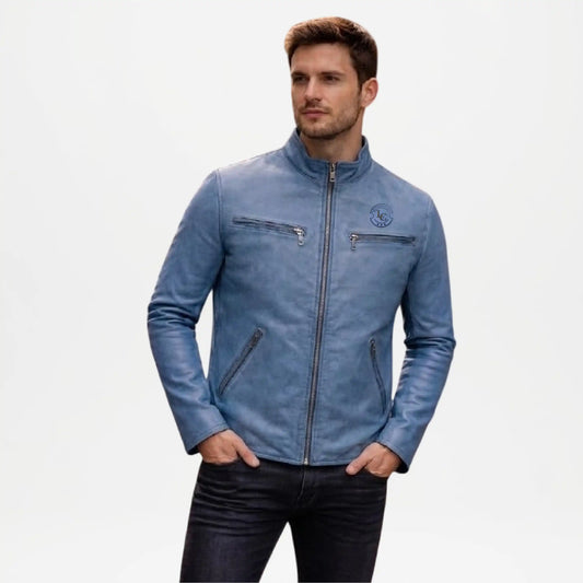 Blue Leather Biker Jacket Mens Ionic Style