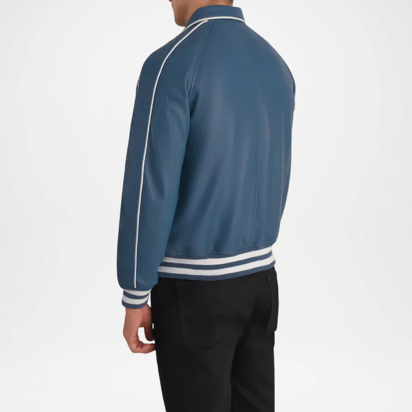 Men’s blue varsity jacket with genuine leather sleeves