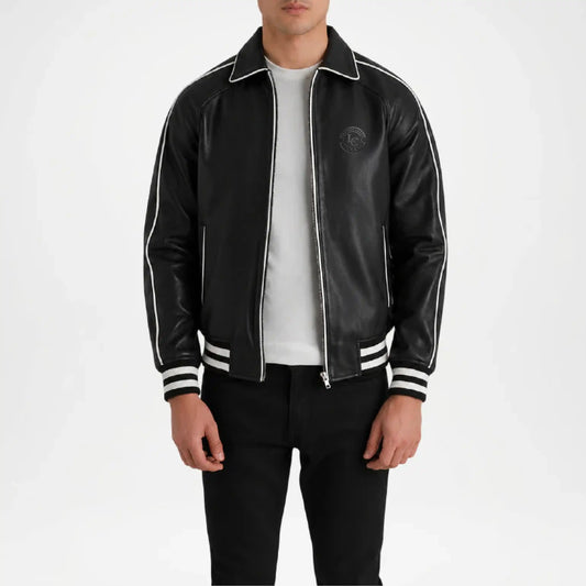 Black Leather Varsity Jacket for Men