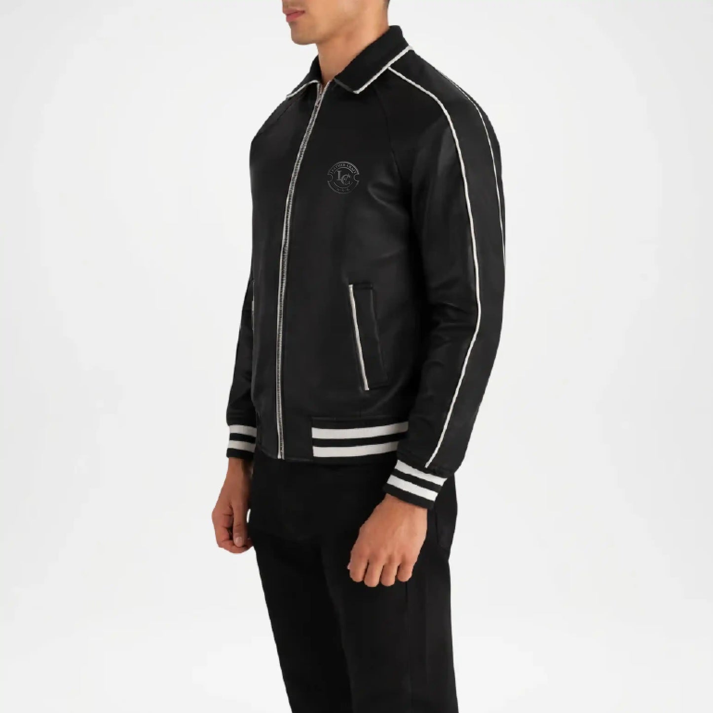 Black Leather Varsity Jacket for Men