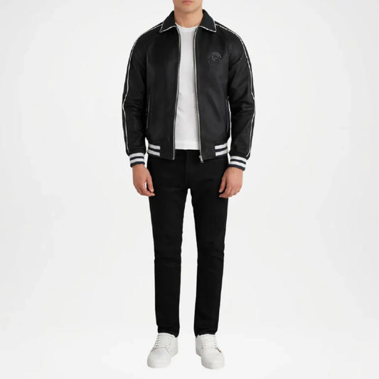 Black Leather Varsity Jacket for Men