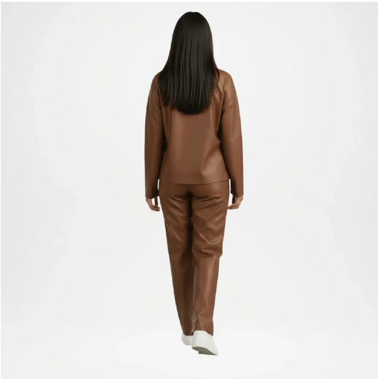 Person wearing a brown outfit on a white background