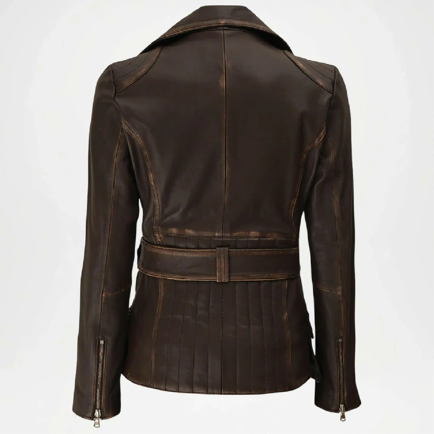 Brown leather jacket back view