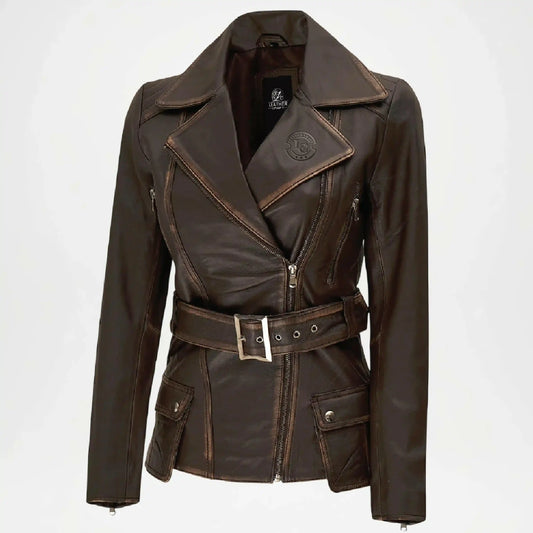 Leather Biker Jacket for Women Dark Brown