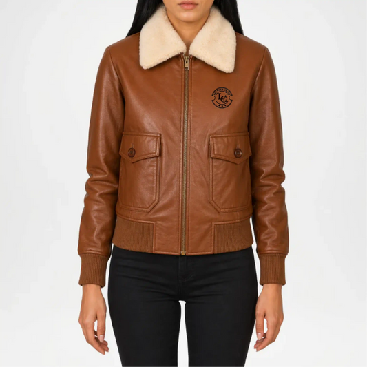 Brown Leather Bomber Jacket for Women