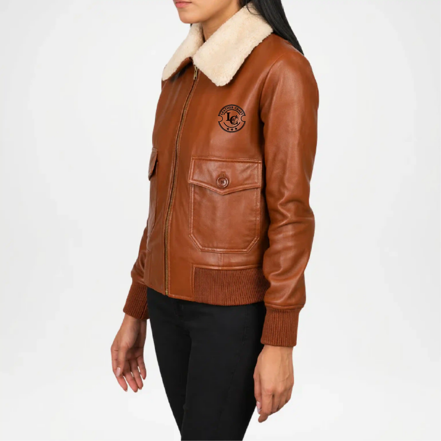 Brown Leather Bomber Jacket for Women