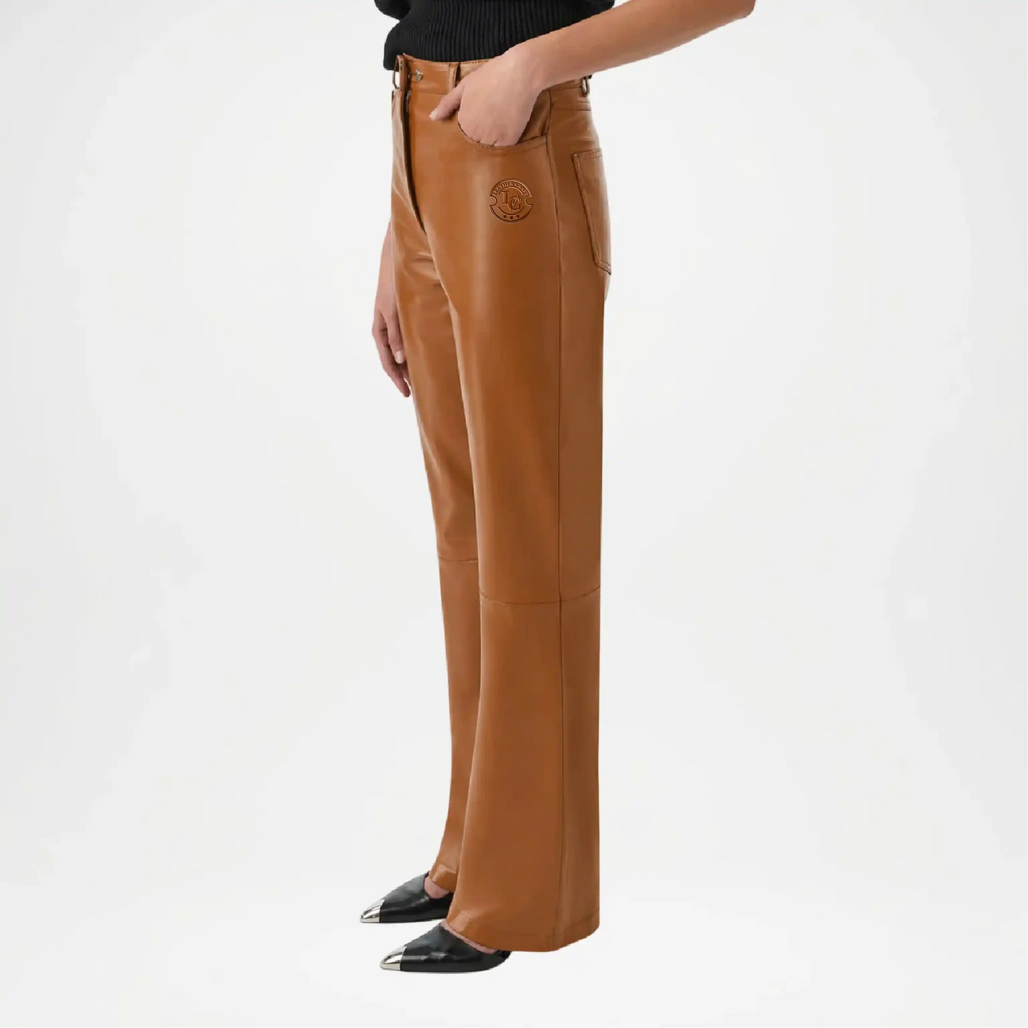 brown leather wide leg pants women