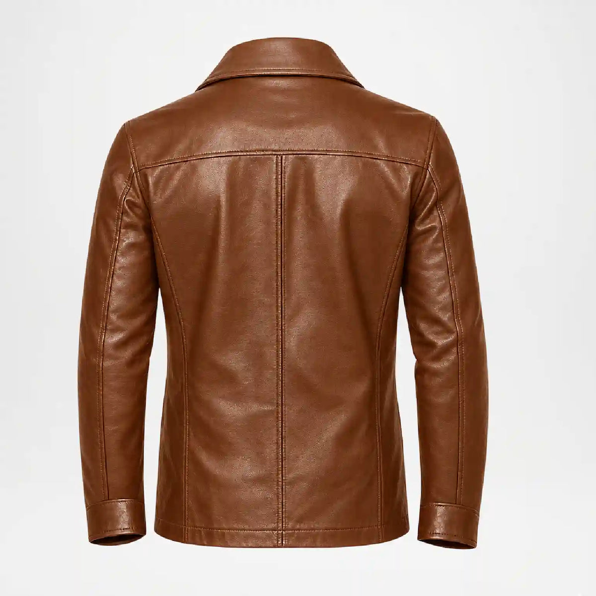 A brown leather jacket shown from the back, featuring a collar, long sleeves, and a central seam, displayed on a clean white background.