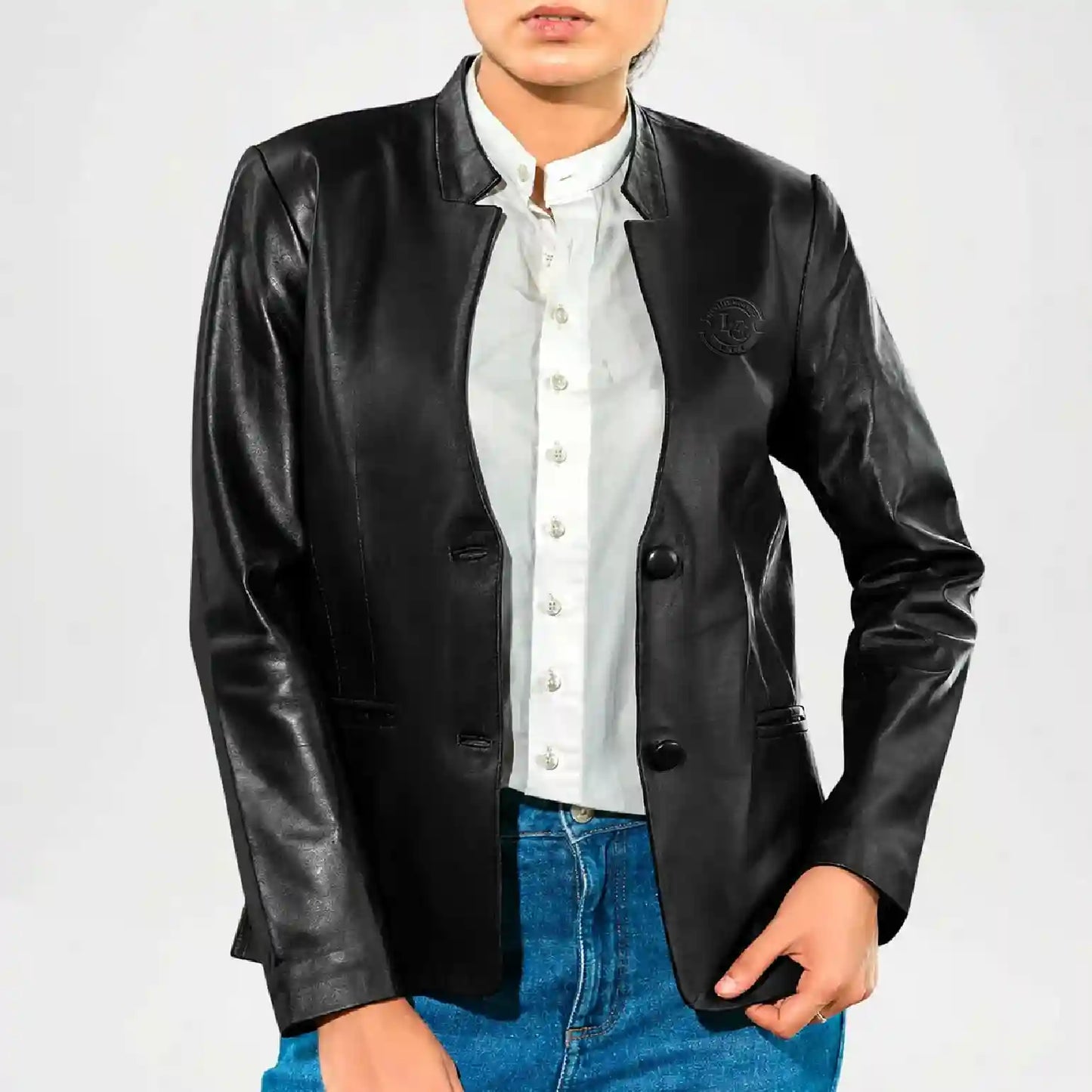 Black Mandarin Collar Leather Coat for Women