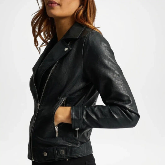 Black Leather Biker Jacket for Women