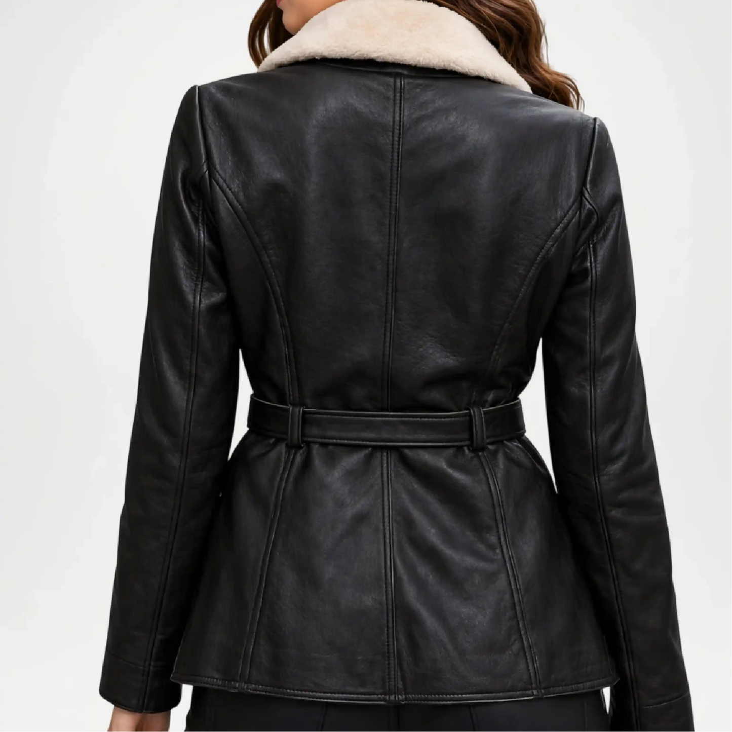 Black leather jacket with a belt and white fur collar back view
