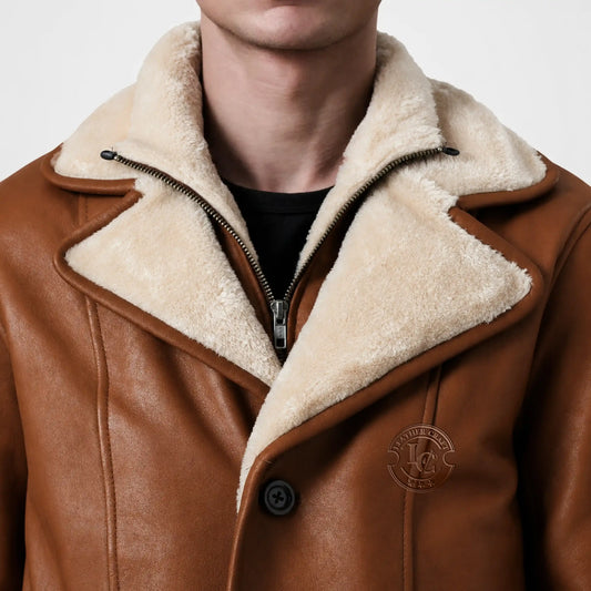 Cai Distressed Brown Leather Shearling Coat for Men