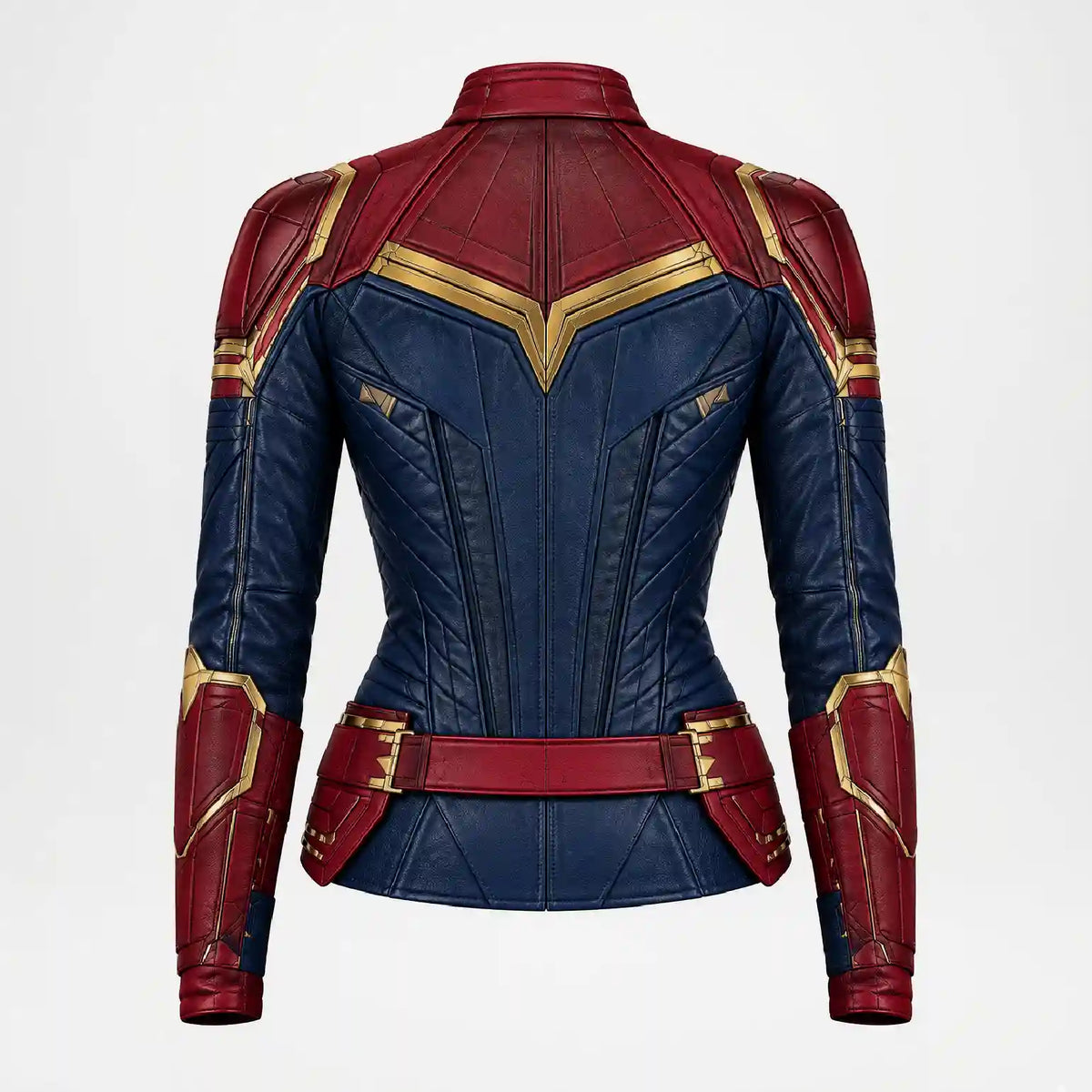 A cropped, fitted faux-leather jacket styled like Captain Marvel's armor, shown from the back on a white background. The color scheme is navy blue, dark red, and metallic gold.