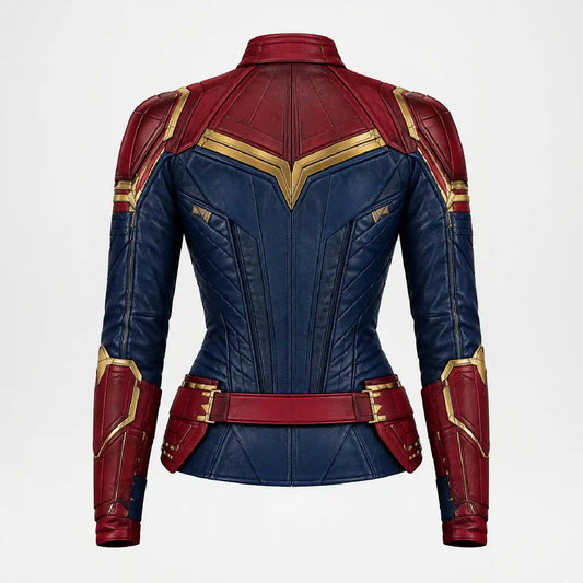 A cropped, fitted faux-leather jacket styled like Captain Marvel's armor, shown from the back on a white background. The color scheme is navy blue, dark red, and metallic gold.