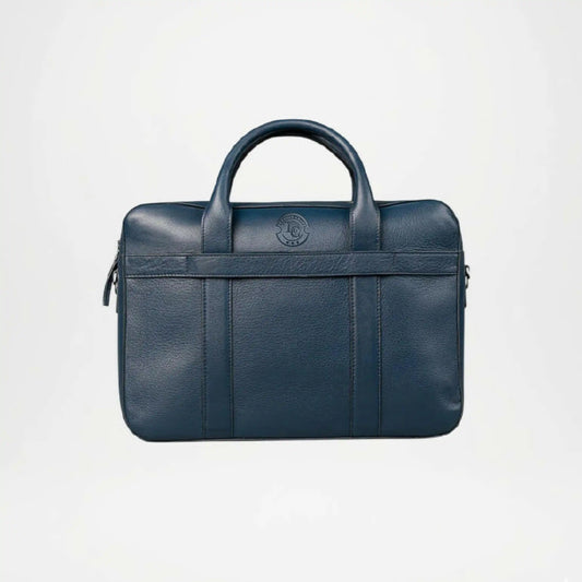 Blue leather briefcase on a light gray background