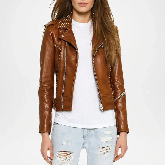 womens brown leather biker jacket chic aria style