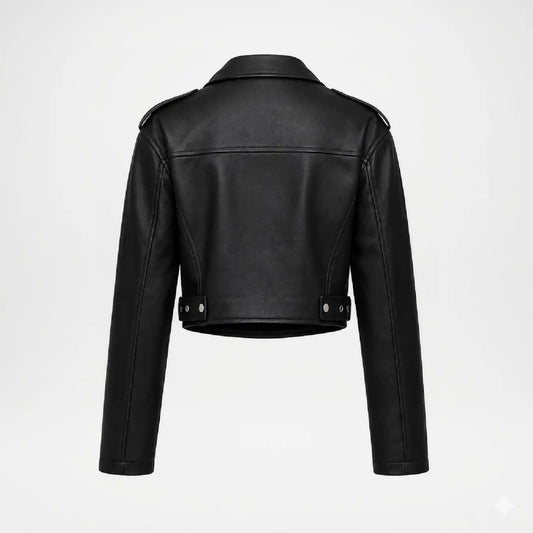 Black cropped faux leather jacket shown from the back, featuring a collar, shoulder epaulets, and snap-button details at the waist, displayed on a light gray background.