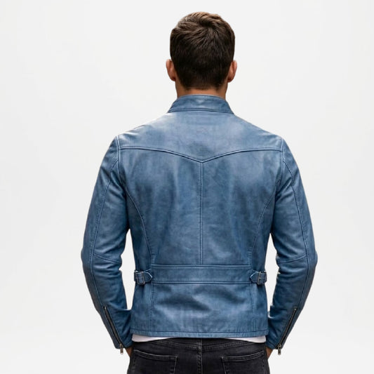 Blue Leather Biker Jacket Mens Ionic Style