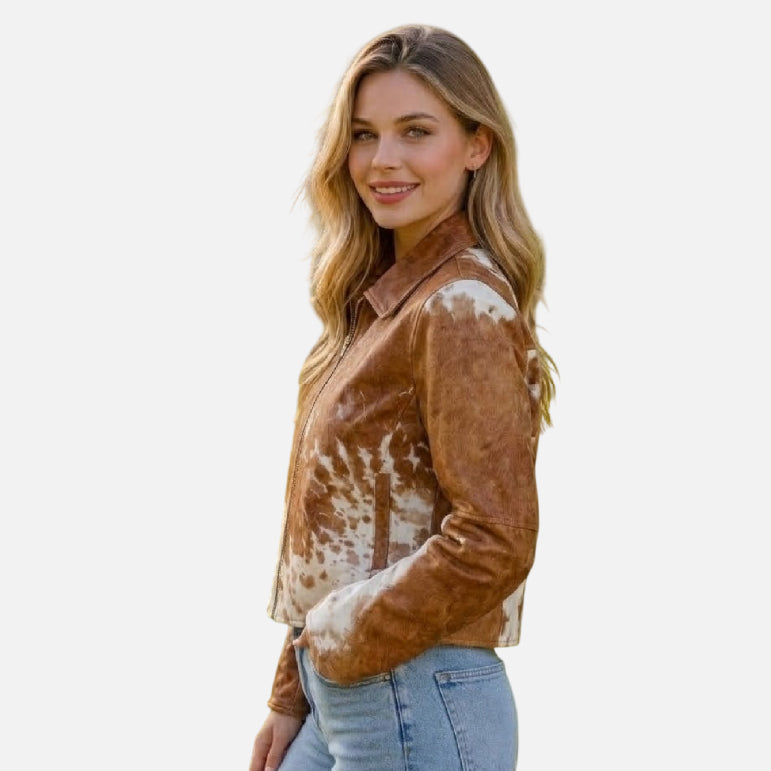 Brown Cow Print Jacket Women Cropped Western Style