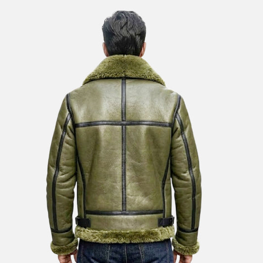 Olive Green Shearling Jacket Men RAF Aviator Style