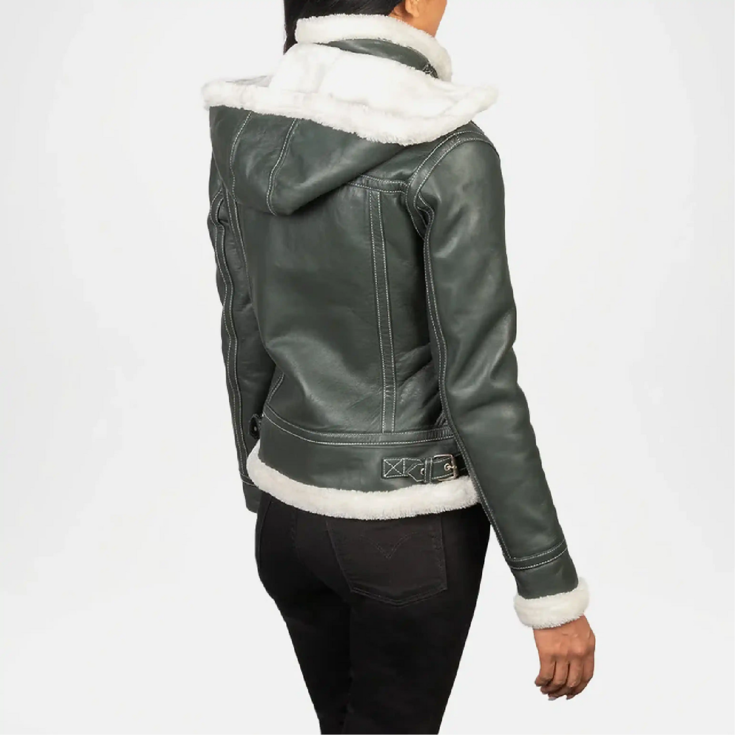 Green leather jacket with white fur collar