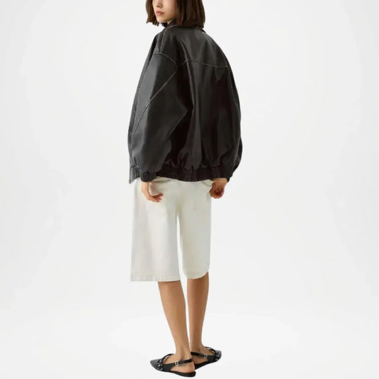 black bomber jacket women leather casual