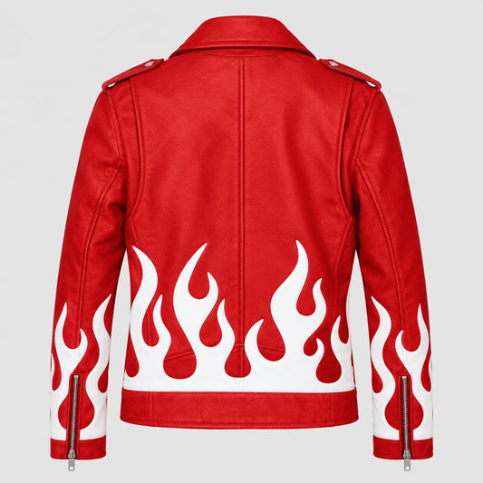 Red faux leather biker jacket shown from the back, featuring a bold white flame graphic pattern across the lower back and sleeves, with silver zipper details on the cuffs.