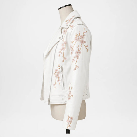 Floral White Leather Biker Jacket for Women