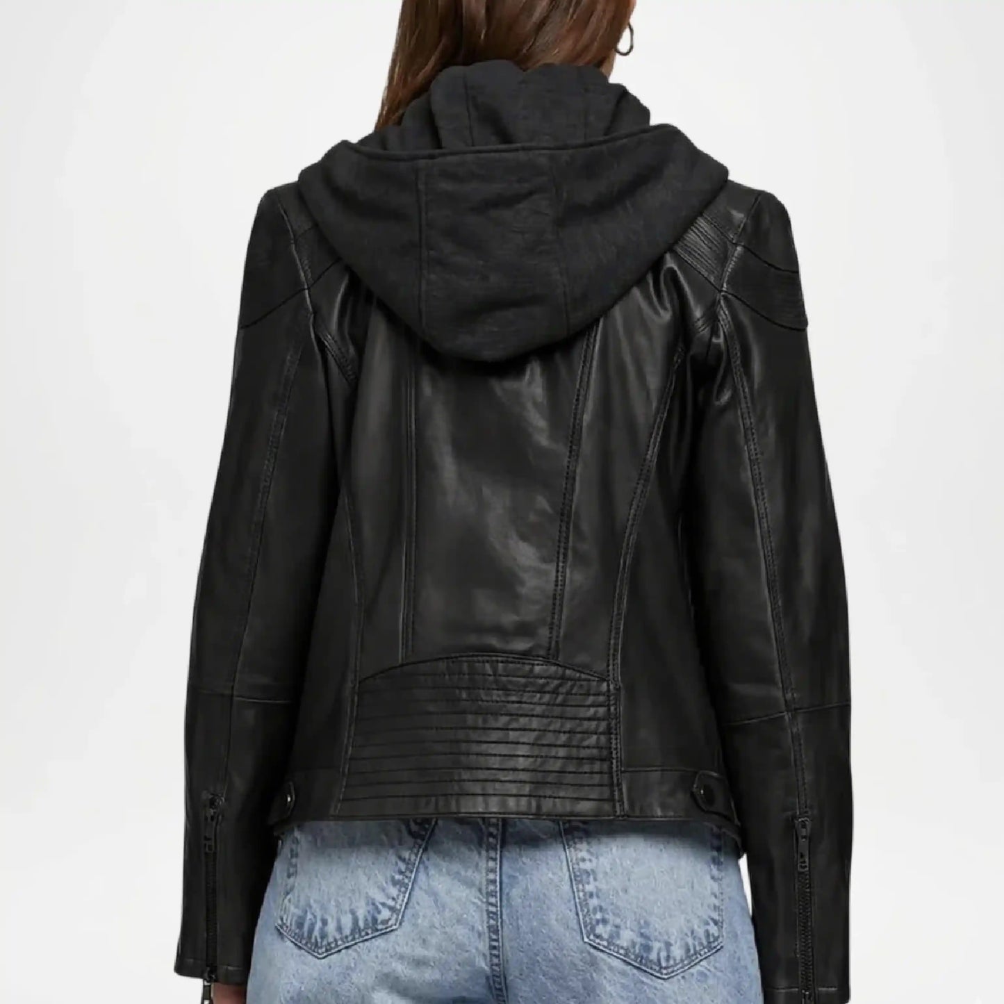 womens black biker leather jacket with hood