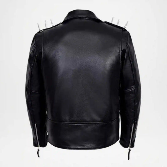Black leather jacket with metal spikes along the shoulders, shown from the back on a white background.