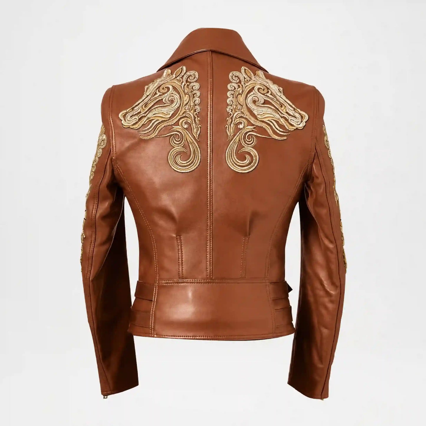 Gold Embroidered Brown Biker Jacket for Women