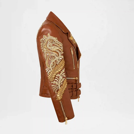 Gold Embroidered Brown Biker Jacket for Women