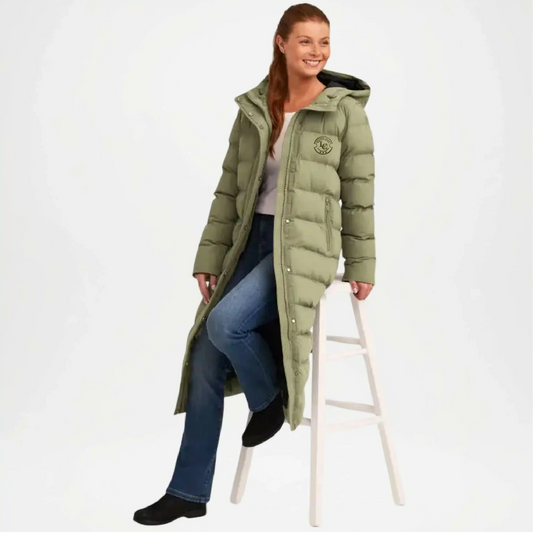 green longline puffer coat women hooded