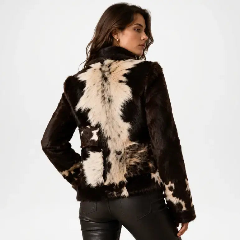 Woman wearing a brown and white cowhide jacket on a plain background