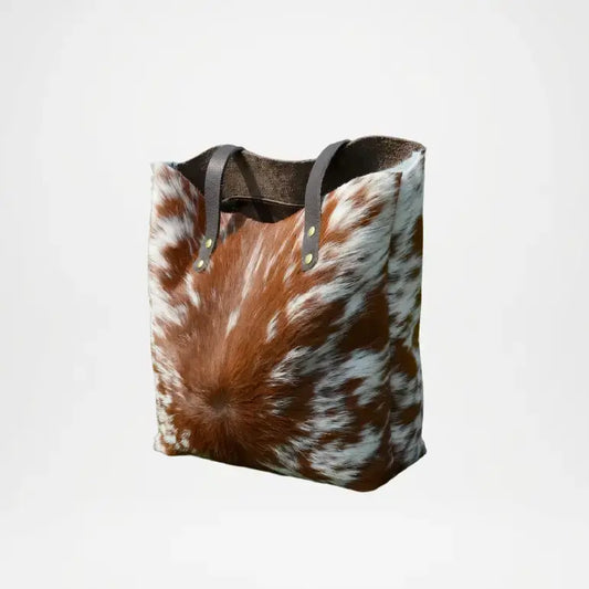 Tote bag with brown and white cowhide pattern