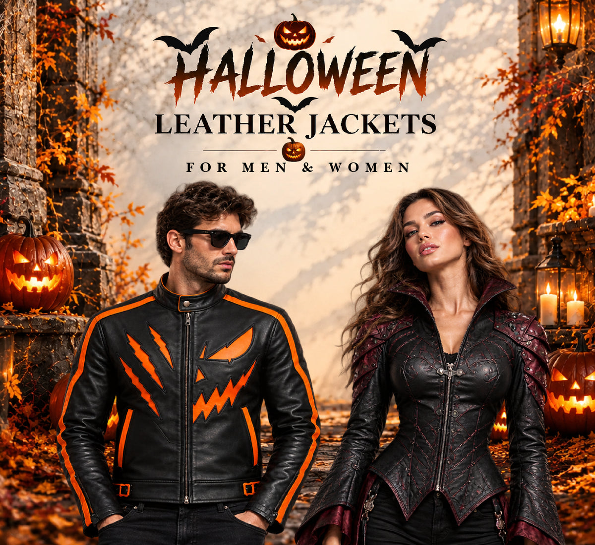 A promotional graphic for Halloween leather jackets, featuring a man and a woman wearing black leather jackets with orange accents. The background depicts a spooky autumn alleyway with glowing jack-o'-lanterns and the text 'HALLOWEEN LEATHER JACKETS FOR MEN & WOMEN' at the top.